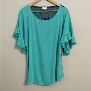 Umgee Turquoise Mixed Media Ruffled Sleeve Top Size Large Excellent Condition